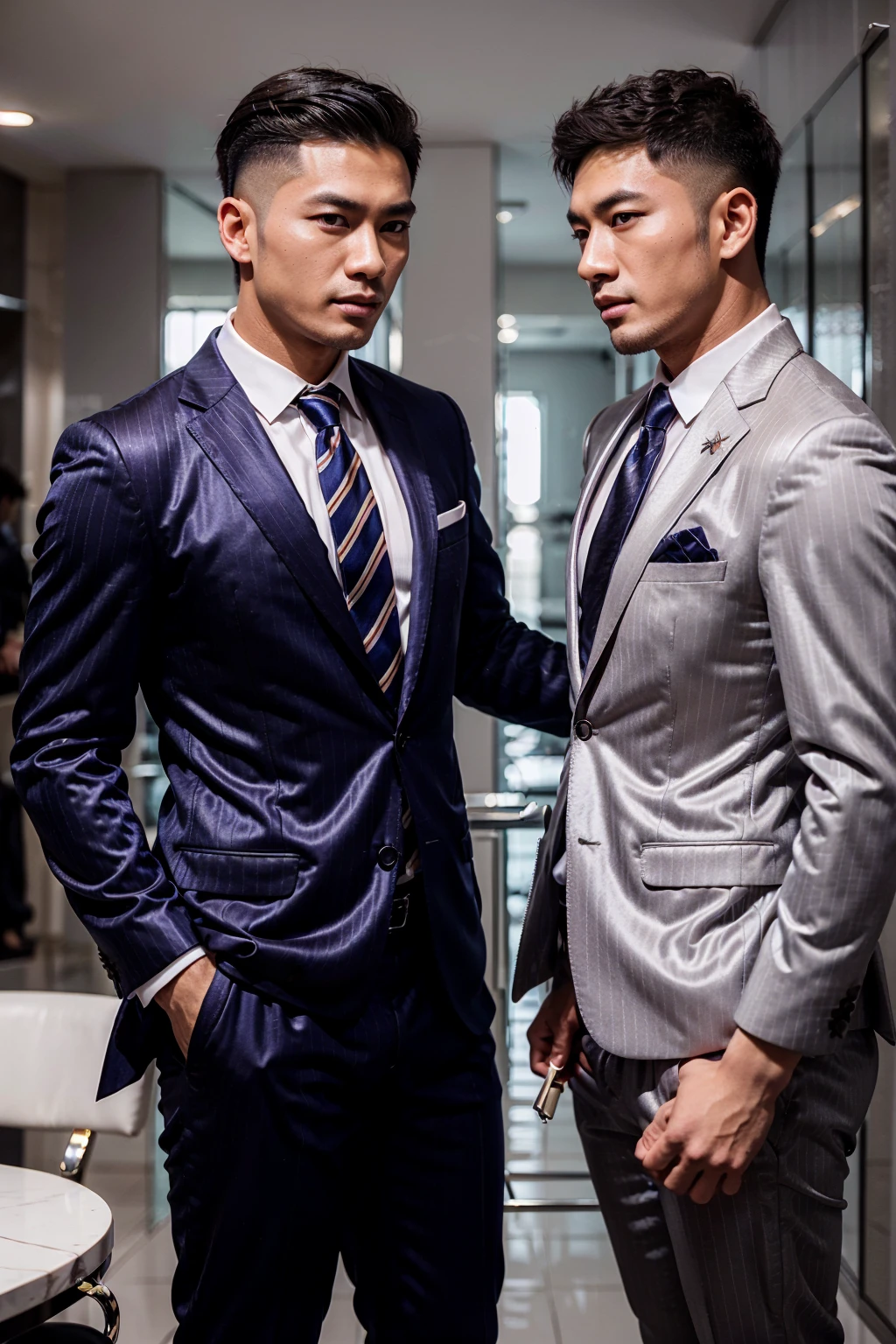 Two men), (40ys asian handsome high fade hair hot gay men), in shiny  pinstripes - SeaArt AI