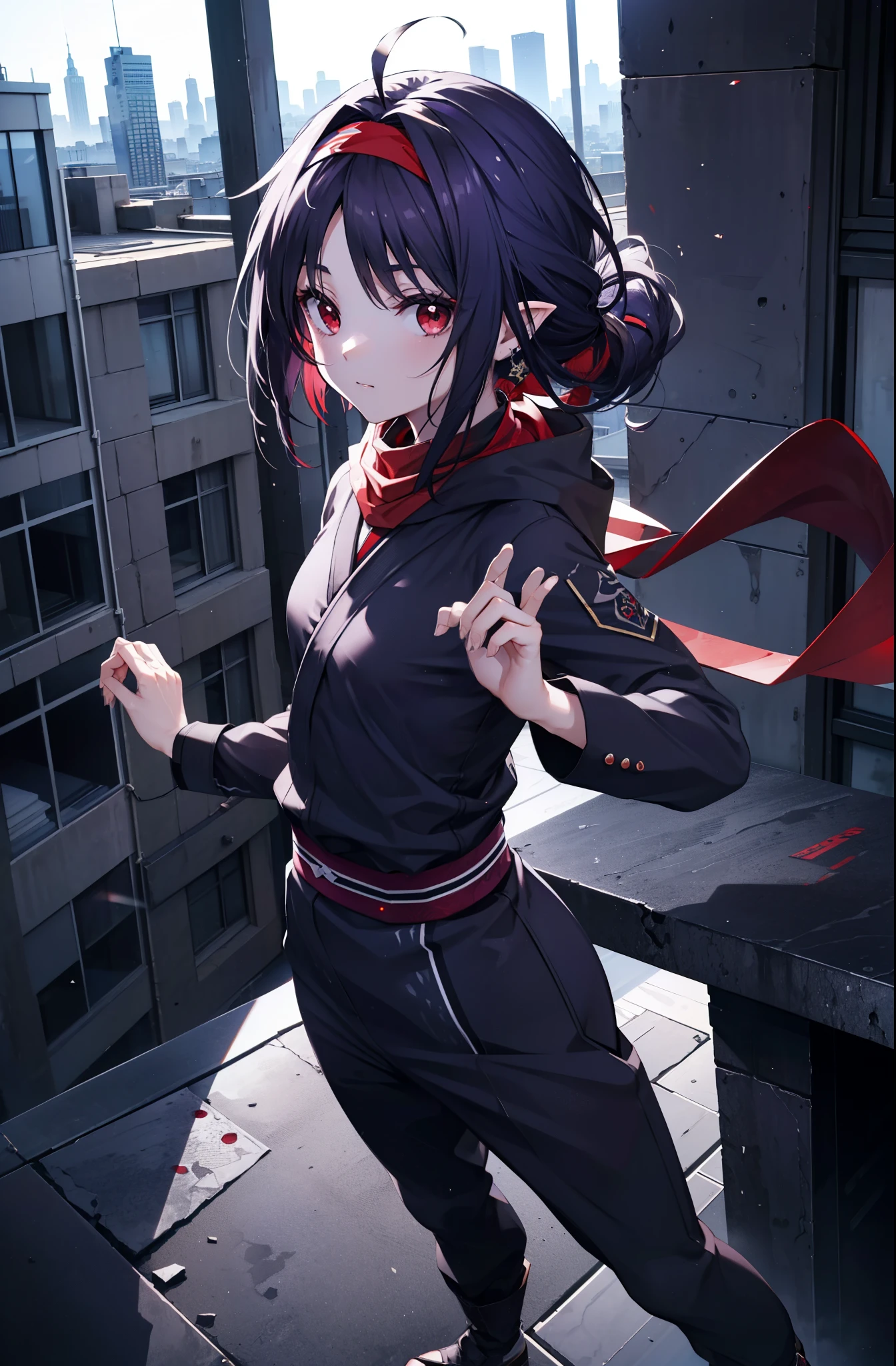 yuukikonno, Yuki Konno, hair band, long hair, pointed ears, purple hair, (red eyes:1.5), (small breasts:1.2),hooded,cover your mouth with a black scarf,strict,black ninja uniform,ninja,black ninja pants,short boots,action pose,overlooking the city from the roof of a building,
break looking at viewer, Upper body, full body,
break outdoors ,Medieval European-style building,
break (masterpiece:1.2), highest quality, High resolution, unity 8k wallpaper, (shape:0.8), (fine and beautiful eyes:1.6), highly detailed face, perfect lighting, Very detailed CG, (perfect hands, perfect anatomy),