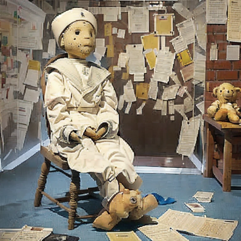 (masterpiece, best quality:1.2),a doll is sitting in a chair with a teddy bear, a statue, by Albert Swinden, female sailor uniforms, sitting in a prison, very detailed », medium, mummified in bandages, 🌻🎹🎼, english, world war one robot, sydney hanson, puppet on a string, senary, doctor, deserted