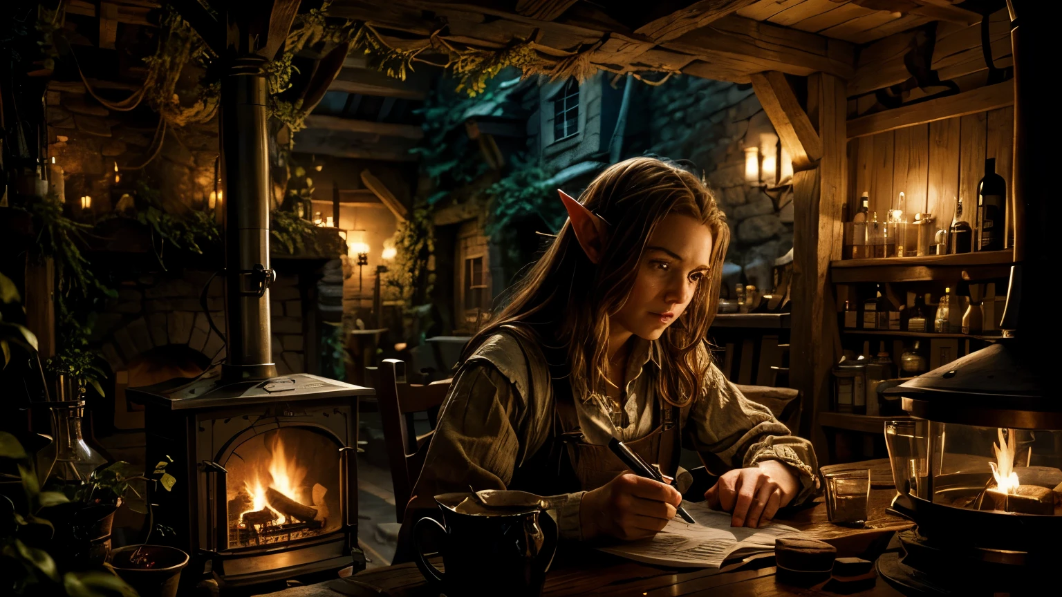  ホビット酒場, 古い紙に書いているかわいいホビットの中世のエルフの少女, 暖炉の裏側 ( 顔をもっと細かく描く )