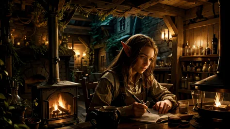  hobbit tavern, a pretty hobbit medieval elf girl writting in a old paper, fireplce back ( do the face more detailed )