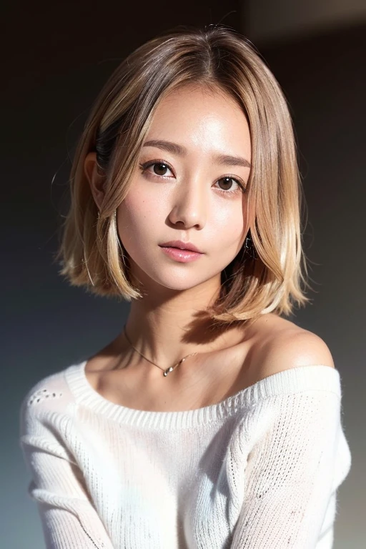 Beautiful Japanese woman、1 person,very pretty and slim、outstanding style 、((8K image、super high quality))、very delicate face, skin and hair、short hair、straggling hair,(((((gradient hair、blonde))))),Very cute Japanese cut face、Eyes and nose are clearly visible、kind eyes,(((off shoulder sweater、simple background、looking at the viewer)))、full body shot