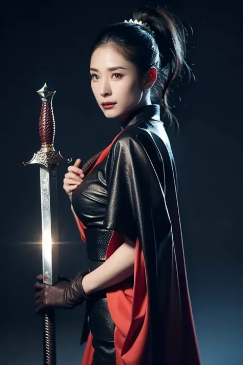 warrior,arms,armor,sword,alone,japanese armor,warrior,long hair,black hair,holding,knife,holding arms,topknot,looking at the vie...