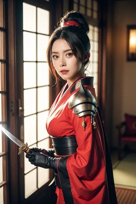 warrior,arms,armor,sword,alone,japanese armor,warrior,long hair,black hair,holding,knife,holding arms,topknot,looking at the vie...