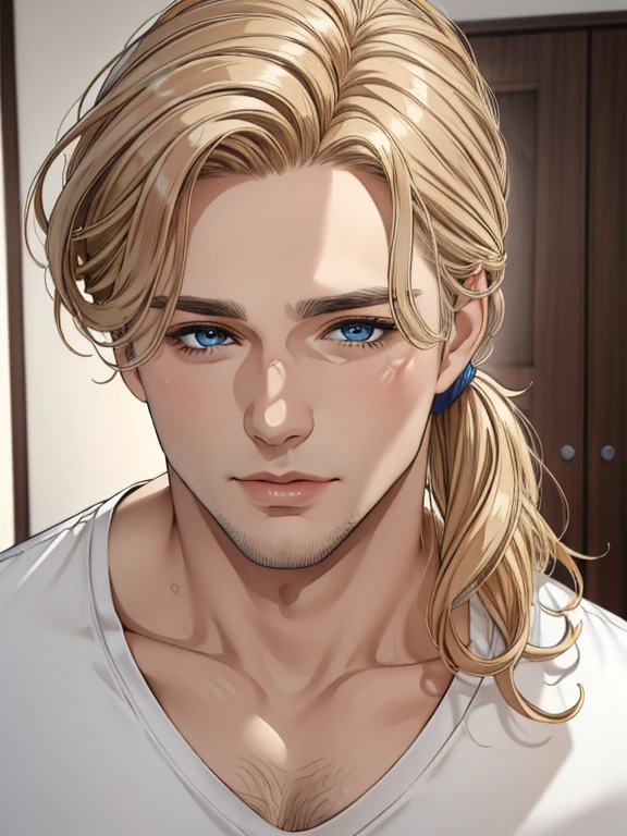 (masterpiece, disorganized, High resolution, super detailed), 1 man, wavy blonde hair, adult, blue eyes, ponytail, male focus,handsome face, casual clothes, attractive, Lovely, small eyes and face,