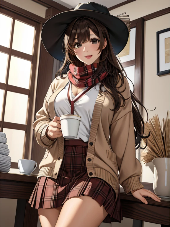 1 girl, 紅leaf, bangs, black hat, blurred background, blush, brown eyes, brown hair, brown scarf, brown skirt, cardigan, coffee, cowboy shot, cup, disposable cup, drink, 落ちleaf, Beanie hat, holding, holding drink, leaf, long hair, long sleeve, looking at the viewer, open cardigan, open your mouth, plaid, plaid skirt, puffy long sleeve, red sweater, scarf, shirt, shirt tucked in, side lock, skirt, smile, alone, sweater, white shirt, very detailed, Complex, masterpiece, disorganized