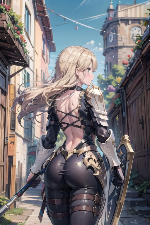 masterpiece, best quality, kisara, 1girl, armor, ass, back, back cutout, blonde hair, blue sky, blurry, blurry background, bodysuit, day, facing away, from behind, holding shield, long hair, median furrow, outdoors, pauldrons, shield, shoulder armor, skin tight, sky, solo, battlefied background 