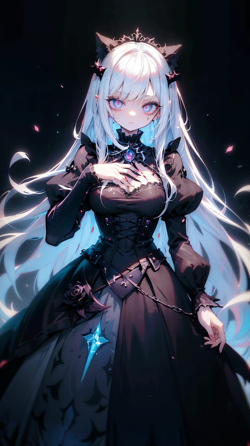 Anime Princesse Vampire, longs cheveux blancs, style gothique, des roses dans les cheveux, cils noirs foncés, iris blancs, robe bleu clair, illustration numérique, Style bande dessinée, Renaissance gothique, Anatomie parfaite, centré, approcher de la perfection, dynamique, très détaillé, fond détaillé du château gothique, sang,  Station artistique, art conceptuel, lisse, netteté, illustration, art de Wlop et Ross Tran ,Paillettes