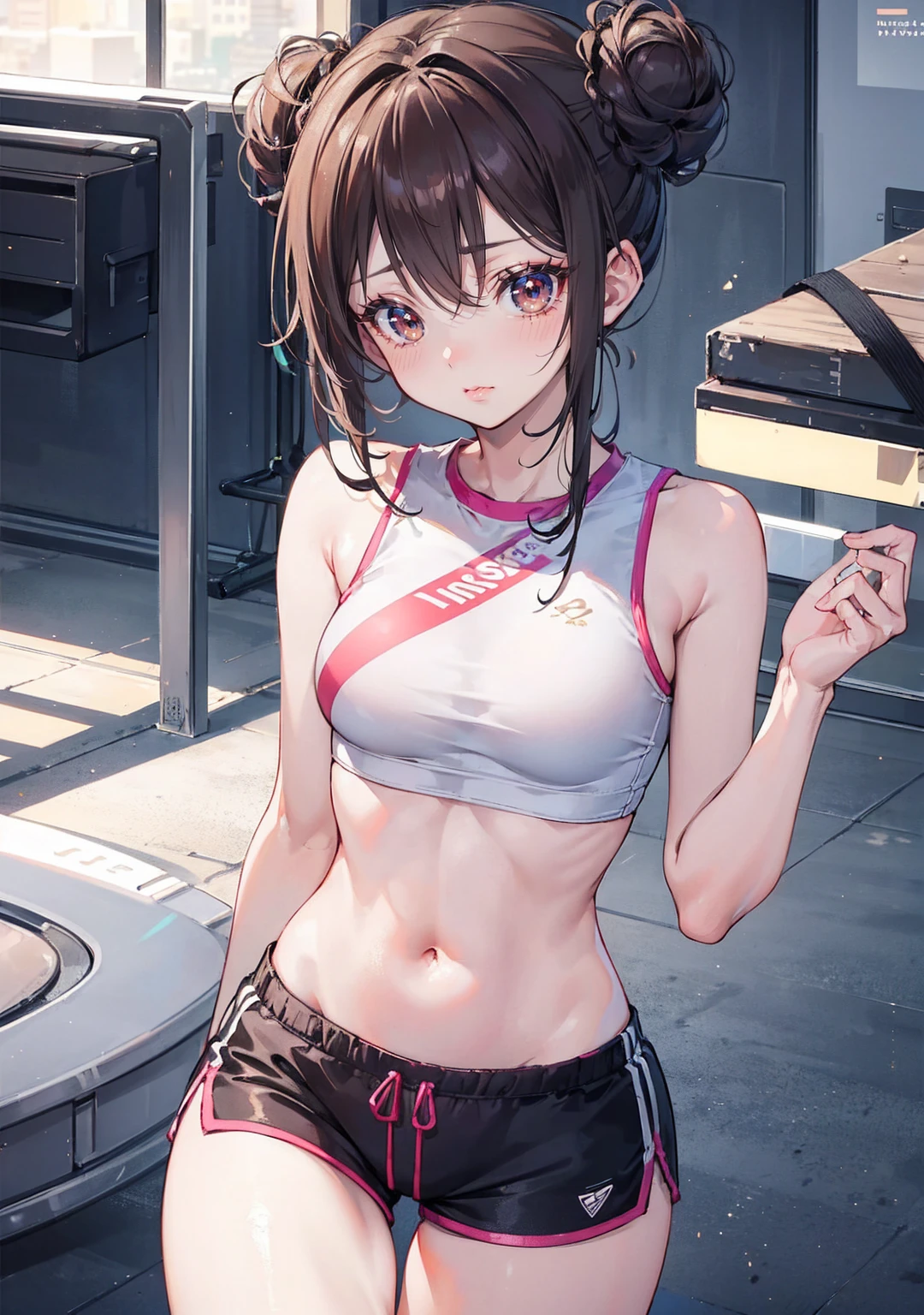 best quality, 12K, cute , slim body, sexy gym outfit, gym top, thight gym shorts, pussy marking shorts, Brown top knot, vibrant colors, soft lighting, delicate features, innocent eyes, playful smile, sparkling atmosphere, whimsical art style.