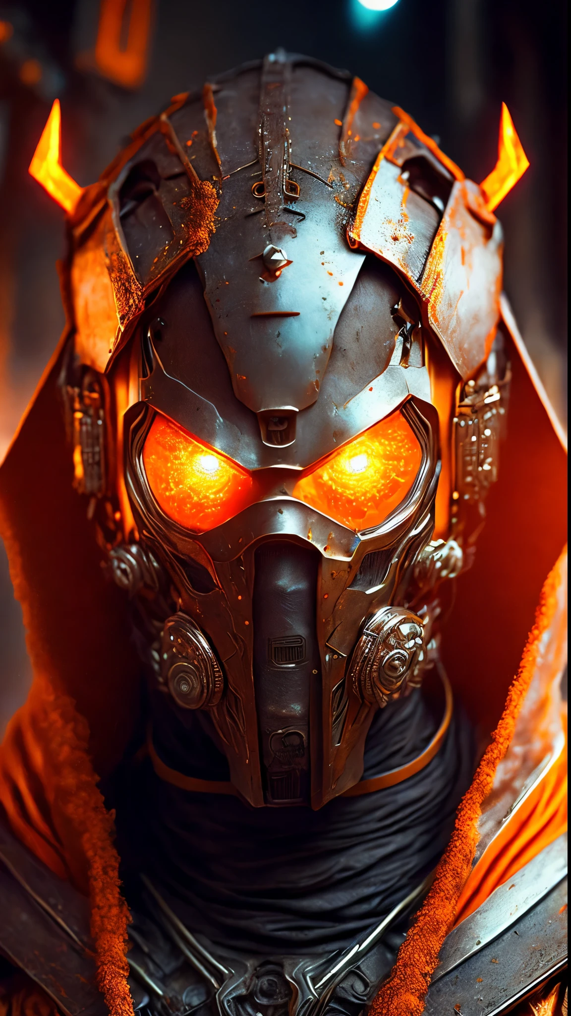 breathtaking cinematic science fiction photo of a portrait of a non human masked Grim wrapped in orange chrome metal skin, body full glowing metrics inside, glowing multicoloured eyes, multifaceted eyes, metallic arms, inside a destroyed building, extremely menacing creature, highly detailed, award-winning