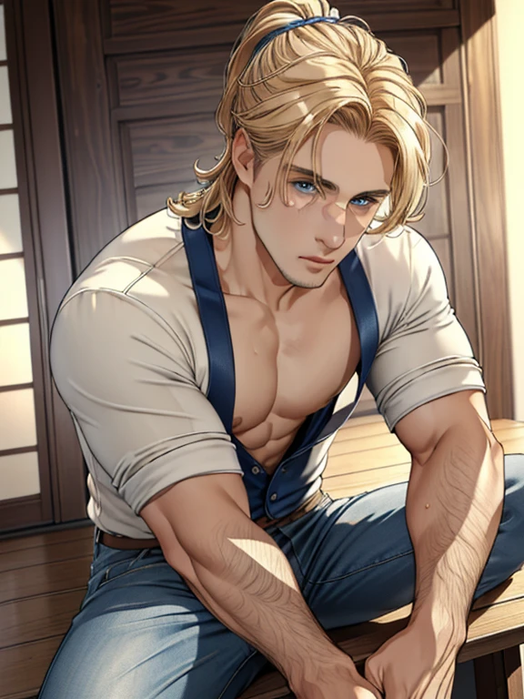 (masterpiece, disorganized, High resolution, super detailed), 1 man, wavy blonde hair, adult, blue eyes, ponytail, male focus,handsome face, casual clothes, attractive, Lovely, small eyes and face, tanned skin, He strikes a stylish pose wearing his 10-gallon hat pulled low.