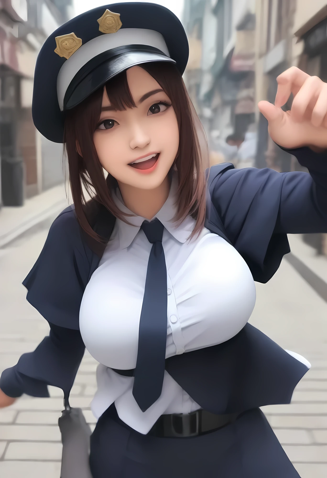 masterpiece, best quality, very aesthetic, absurdres, full body shot,(police costume:1.3), (button gap:0), police skirt, police cap, stockings with garter, on the crowed street, 1girl, tifa lockhart, final fantasy