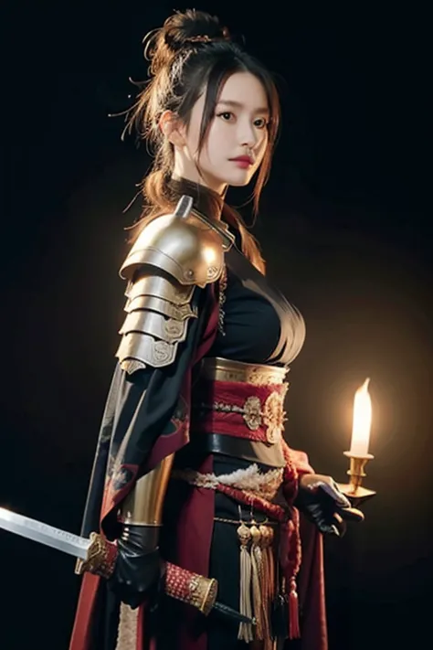 warrior,arms,armor,sword,alone,japanese armor,warrior,long hair,black hair,holding,knife,holding arms,topknot,looking at the vie...