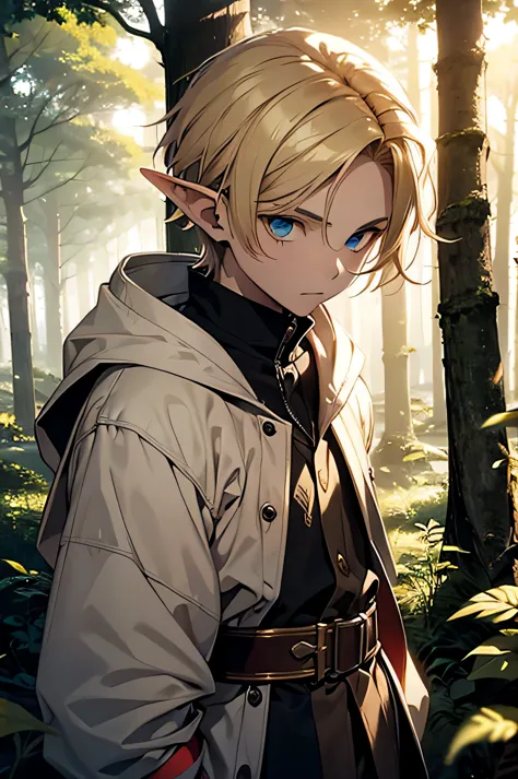 boy, elf, kid, male, 12 years old, blonde, eyes different colors, forest