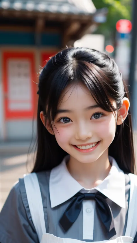 Best image quality, Focus, Soft light, Black hair, (Japanese)), (((Front, 15 years old))), (Depth of field), Ultra high resolution, (Real: 1.4), RAW photo, ((waitress uniform)), smiling face