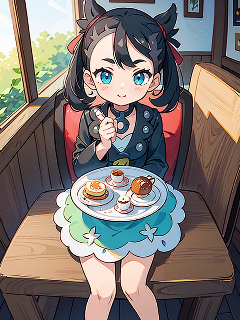 ((pokemon's marnie:1.2)),long shot、Cute girl&#39;s smile、take a cute pose,{{{{sitting at a cafe with a large table:1.2}}},cowboy shot:1.2,(super detailed illustrations:1.2),(masterpiece, 8k), (最high quality, high quality:1.4), perfect anatomy, very detailed, super detailed,masterpiece background,beautiful detailed background, v8k wallpaper,perfect design,award winning art,highest quality、Only one person depicted:1.2,smile:1.2,The background is the interior of a stylish and cute coffee shop with a bright atmosphere.:1.2,You can see the seats in the back、{{A tea set, sweets, bread, and plates with fried eggs and salad are neatly arranged in the center of the table.:1.2}}、A detailed view of a cafe chair:1.2,Sit deep in your chair and behave well:1.2