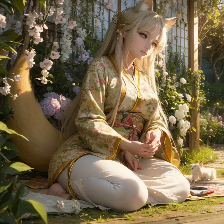 (best quality,4k,8k,highres,masterpiece:1.2),ultra-detailed,(realistic,photorealistic,photo-realistic:1.37),portraits,pastel colors,soft lighting,fantasy atmosphere,girl with fox ears and tail,peaceful garden setting,golden sunset,flowing cherry blossom trees,pagoda in the background,serene expression,traditional Japanese clothing,kawaii style,subtle makeup,divine aura,spiritual charm,gleaming fox mask,captivating gaze,delicate floral patterns,serene peacefulness,pure innocence,ethereal beauty,harmonious blend of nature and culture,gentle breeze rustling through the leaves,whisper of enchantment,symbol of tranquility]