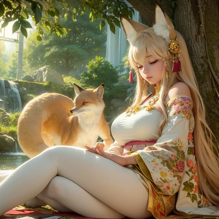 (best quality,4k,8k,highres,masterpiece:1.2),ultra-detailed,(realistic,photorealistic,photo-realistic:1.37),portraits,pastel colors,soft lighting,fantasy atmosphere,girl with fox ears and tail,peaceful garden setting,golden sunset,flowing cherry blossom trees,pagoda in the background,serene expression,traditional Japanese clothing,kawaii style,subtle makeup,divine aura,spiritual charm,gleaming fox mask,captivating gaze,delicate floral patterns,serene peacefulness,pure innocence,ethereal beauty,harmonious blend of nature and culture,gentle breeze rustling through the leaves,whisper of enchantment,symbol of tranquility]