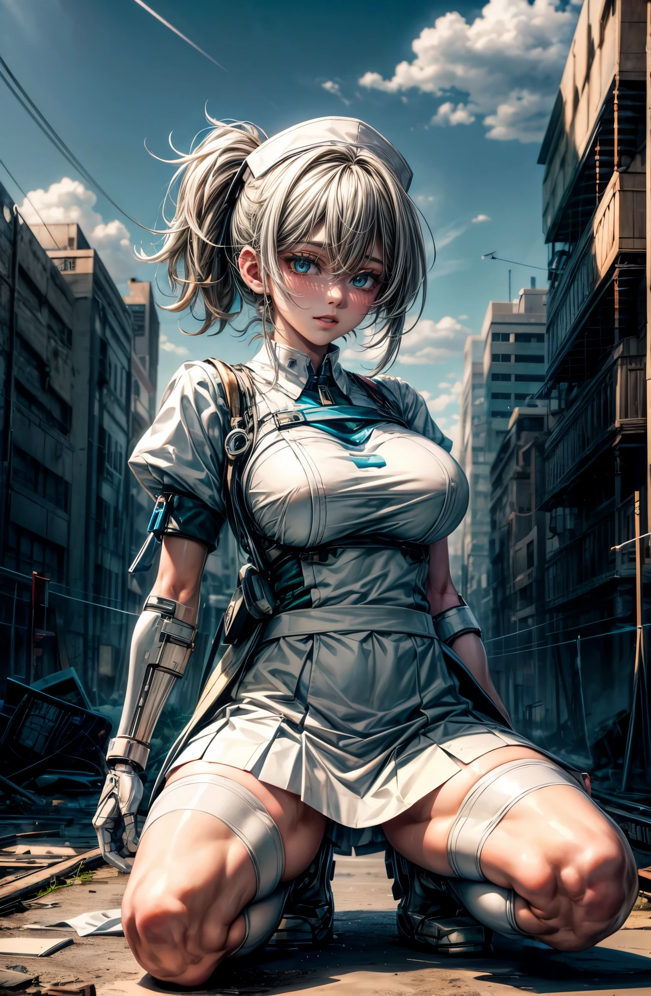 hyper quality、8K quality、High resolution、Image quality taken with a single-lens reflex camera、(SFW)、perfect anatomy、(White theme)Critical care、Mecha girl of justice、Beautiful girl with short gray ash hair、green eyes、Goddess smile、big breasts、（exposed thighs、squat:1.2）(white long nurse uniform、nurse style long skirt、medical equipment 1.6)(Mechanical parts below the elbow and below the knee:1.3)BREAK、（perfect anatomy:1.4）BREAK(white broken wall、daytime outdoors、Endless blue sky、horizon、destroyed city、A city where hope has disappeared:1.3)