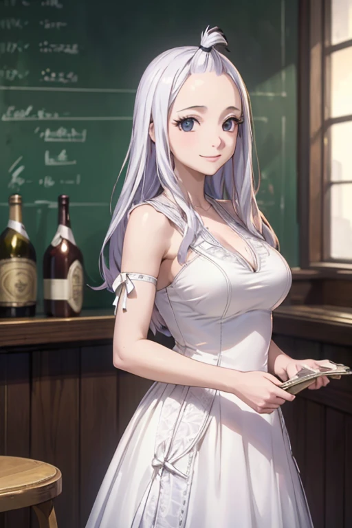 ultra realistic 8k cg, masterpiece, ((ultra detailed background, delicate pattern, intricate detail)), (highly detailed, fine details), best quality, 1girl, (photorealistic:1.4),beautiful lighting, absurdres, RAW photo, film grain,  Mirajane Strauss with a beautiful smile wearing a simple white dress 