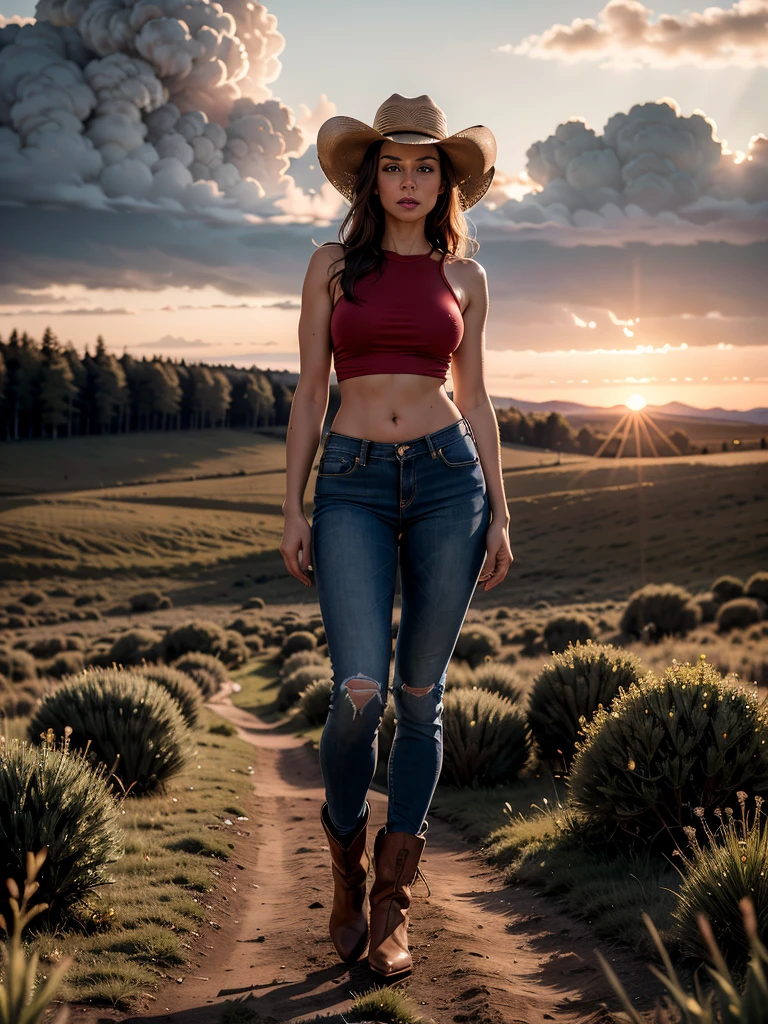  hyperrealism, (photorealistic:1.2), (film grain:1.3), masterpiece, best quality, perfect detail, cinematic lighting, professional photo, realistic photo, raw photo, gorgeous brunette, slender figure, topless, tight jeans, cowboy hat, cowboy boots, standing, looking at viewer, ranch, cloudy sky, sunset