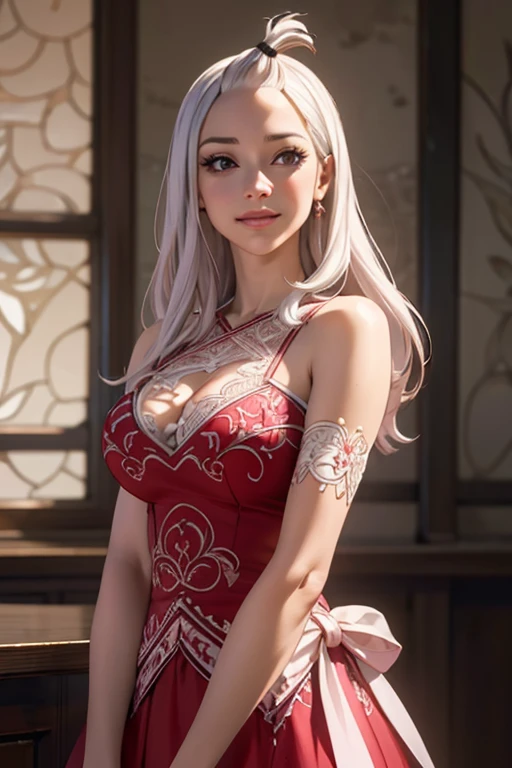 ultra realistic 8k cg, masterpiece, ((ultra detailed background, delicate pattern, intricate detail)), (highly detailed, fine details), best quality, 1girl, (photorealistic:1.4),beautiful lighting, absurdres, RAW photo, film grain,  Mirajane Strauss with a beautiful smile wearing a sensual red dress 