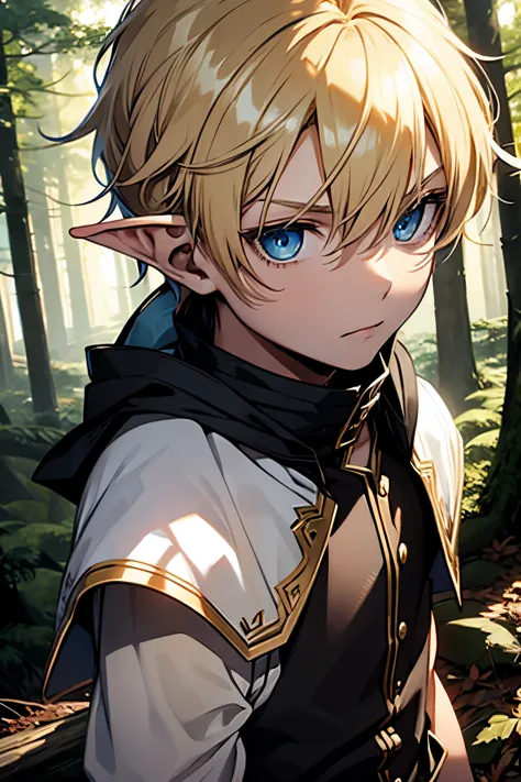 boy, elf, kid, male, 12 years old, blonde, eyes different colors, forest