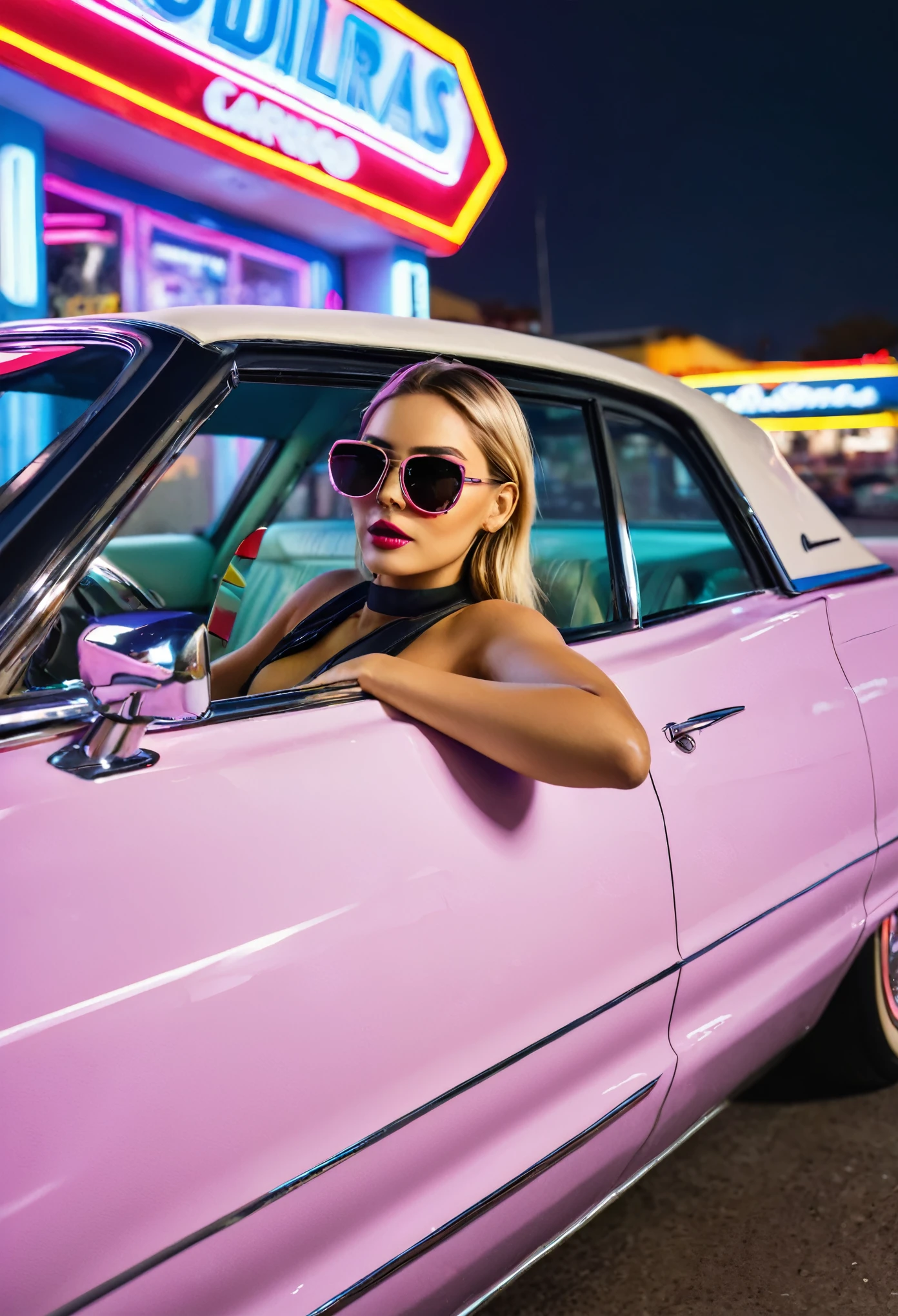 ganzes Bild, Diagonales Foto eines 1959 Cadillac Eldorado Biarritz Cabrios in glänzend poliertem Metall leuchtend rosa Farbe, langen Schwanz, Das Gemälde spiegelt alles um sich herum wider, Cyberpunk-Stil, umgeben von buntem Neonlicht, roda grossa, goldenes Rad, goldene Details, Frau mit Sonnenbrille am Steuer, Neon auf Autolack, reflektierende Farbe, die alles um sich herum reflektiert, detaillierter Scheinwerfer, sehr detaillierter Scheinwerfer, So detailliert wie möglich, hyperrealistisch so realistisch wie möglich, Es&#39;s in einer Tankstelle im Cyberpunk-Stil mit rosa und blauen Neonlichtern überall,  Bessere Qualität, CRU, erste Arbeit, superschönes Foto, Bessere Qualität, super hohe Auflösung, fotorealistisch, Sonnenlicht, Das gesamte Auto auf dem Foto einrahmen, unglaublich hübsch,, dynamische Posen, das Auto ist im Bild komplett