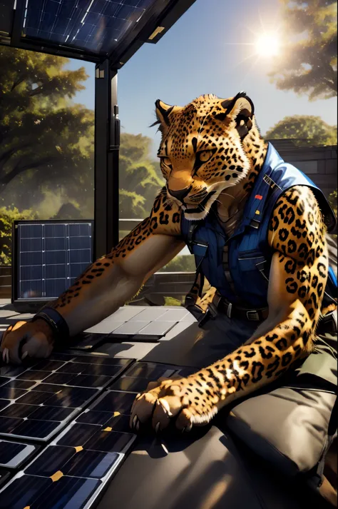 ((a leopard technician working on a solar panel outside)), masterpiece, best, photo realistic, anthro leopard technician