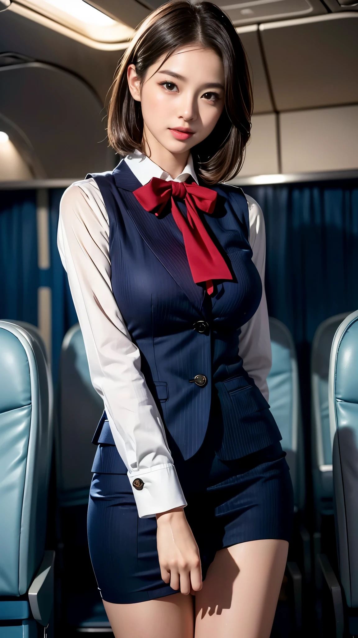 ((Business class flight attendant seat on airplane))、18-year-old、Beauty、flight attendant、cabin attendant、stewardess、outstanding style、short bob、straight、brown hair、(seductive big breasts:1.3)、(Moisturizing lips:1.5)、(((Realistic uniforms)))、Stylish striped square scarf、Tight-fitting uniforms、(The Absolute Realm of Enchantion)、(detailed hands:1.3)、(detailed face)、(perfect anatomy)、(Brighten the contrast of shadows)、(Professional cinematic lighting)、(face lighting)、(nffsw++:1.10)、(ultra high resolution)、(highest quality)、(Improvement of quality)、(super detailed)、(accurate color)、(Photoreal)、(looking at the camera:1.5)