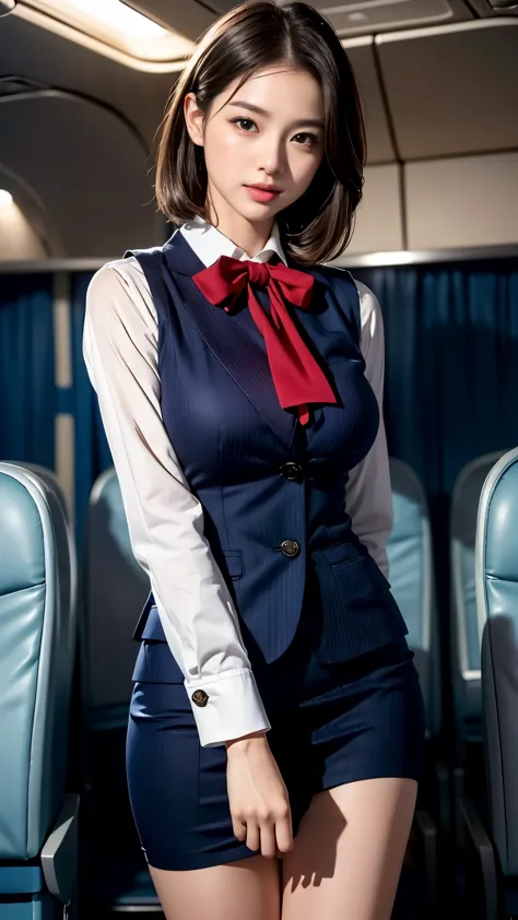((飛行機内ビジネスクラスのflight attendant席))、18-year-old、Beauty、flight attendant、Cabin attendant、stewardess、outstanding style、short bob、str...