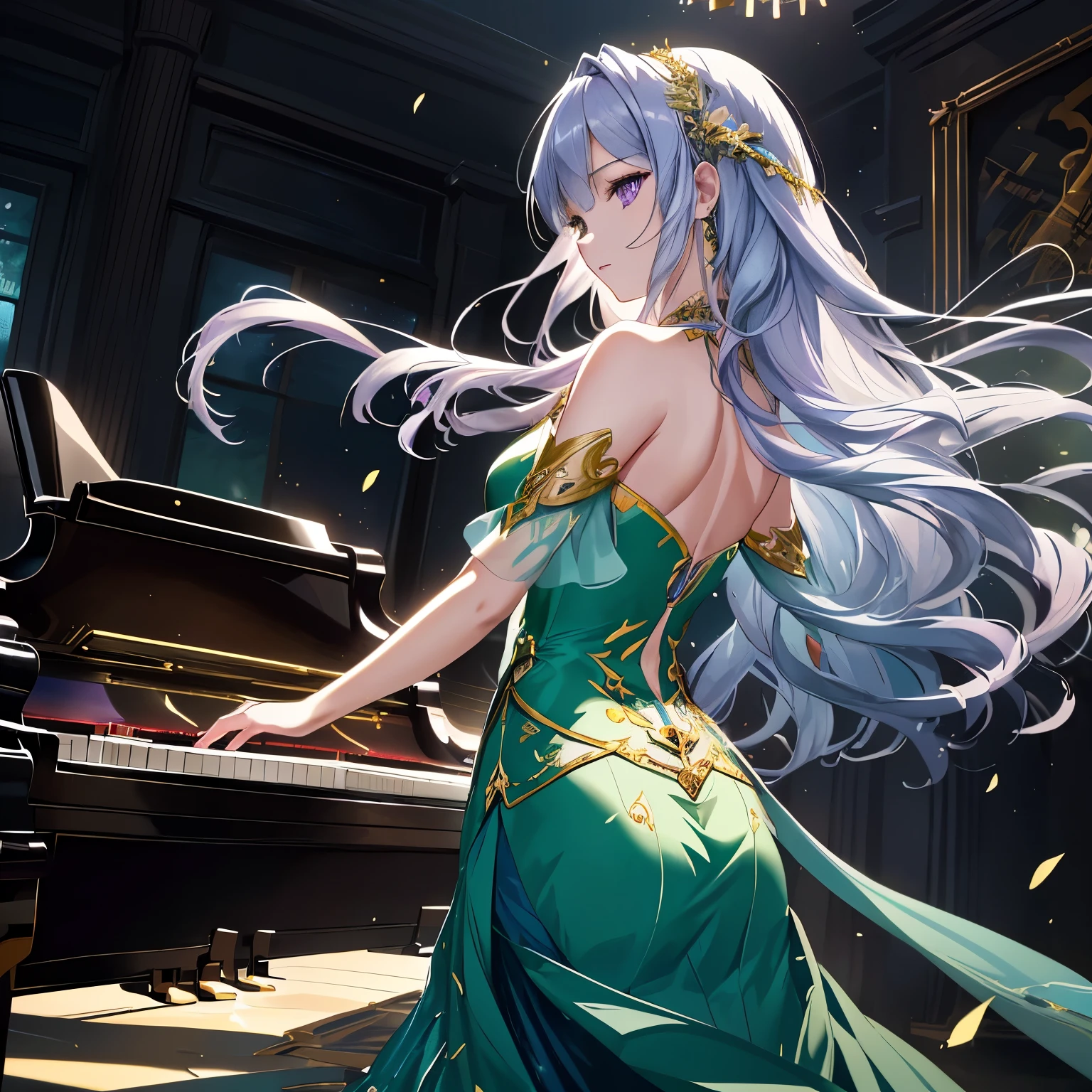 **Perfect AI Illustration Pronto for SeaArt**.

'A brilliant and fantastic goddess plays the piano. She wears an elegant gold and green dress, her style is feminine and references the key art and Fate style of Kushart Klenz. Her hair is long, blue, and wavy. She is in a world of fantastic music. Notes and melodies are dancing around her. She has a beautiful piano in her hands. She plays the piano with deep passion and concentration. Her movements are fluid, as if she is dancing. The perspective is from her side, capturing her playing the piano. The composition uses the golden ratio 1.2. The background is abstract, visualizing the music she is playing. The colors are primarily gold and green with blue accents. The lighting focuses on her and the piano. Her face, hands, and piano keys are especially brightly lit. Shadows emphasize her movements and the rhythm of the music. Also, add yellow, silver, deep red, and purple colors to characters and non-key elements.

This illustration has the style of highly detailed official artwork and highly detailed exquisite fan art that would trend on Art Station and Pixiv. It also incorporates realistic anime 2.5D style and real life anime girl style. The final work is a beautiful 64K masterpiece, super high resolution, large file size, absurdres, top quality, realistic, hyper realistic, super detailed illustrations. Color bit depth is 24 and 48 bits. The illustrations are visually stunning and will leave a deep impression on the viewer.