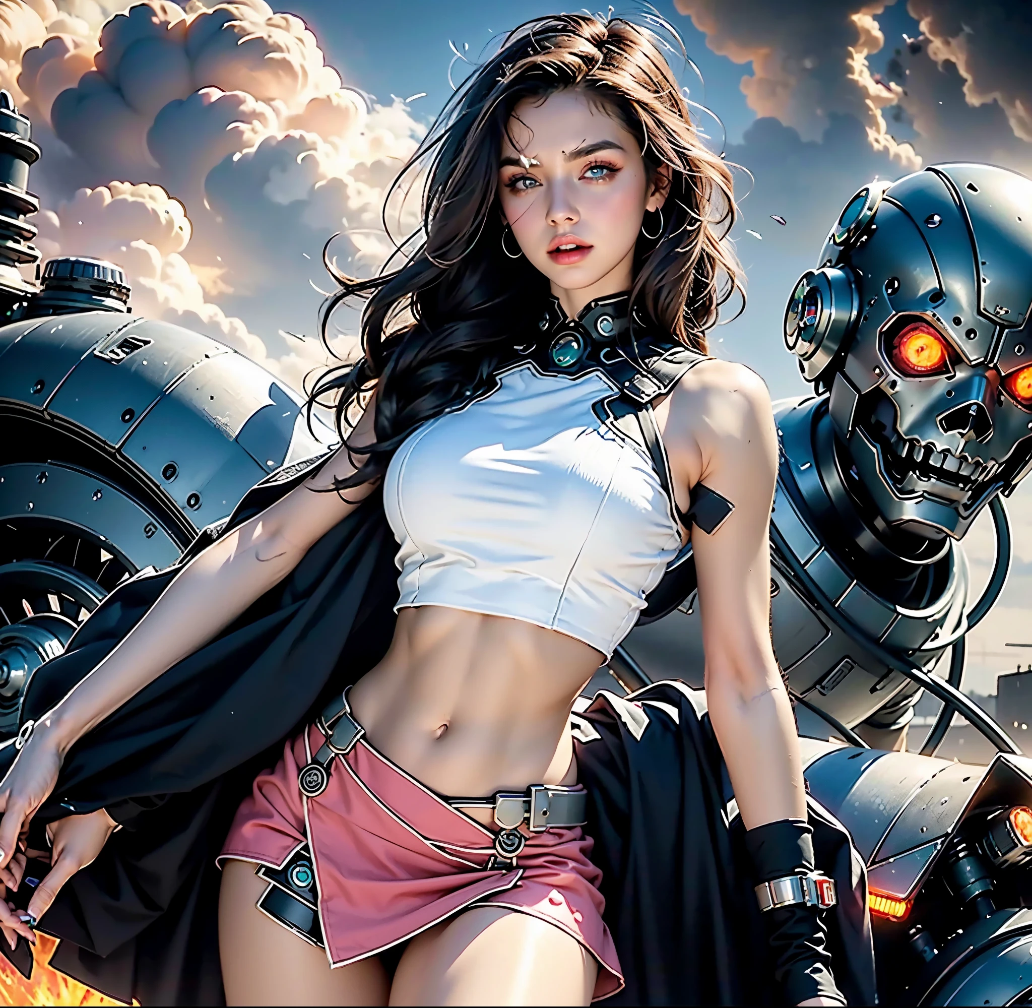 perfect female shape，dark hair, green eyes, High Dynamic Range，long eyelashes，Unbeatable masterpiece，tan skin，putting makeup on，Sexy goddess，crop top, pink skirt, large techno sword, Large mechanical gears，The setting sun burns the clouds，8K high quality，Sexy goddess，A pair of big eyes are beautiful and moving，Makeup，Sexy outfit，【Background with】Large gears，Blue light comes out，Large gears，Doomsday ruins，Giant tornado，Strange sky，The setting sun burns the clouds, orbiting planets，Jupiter，Mercury，Strange sky，Giant tornado 