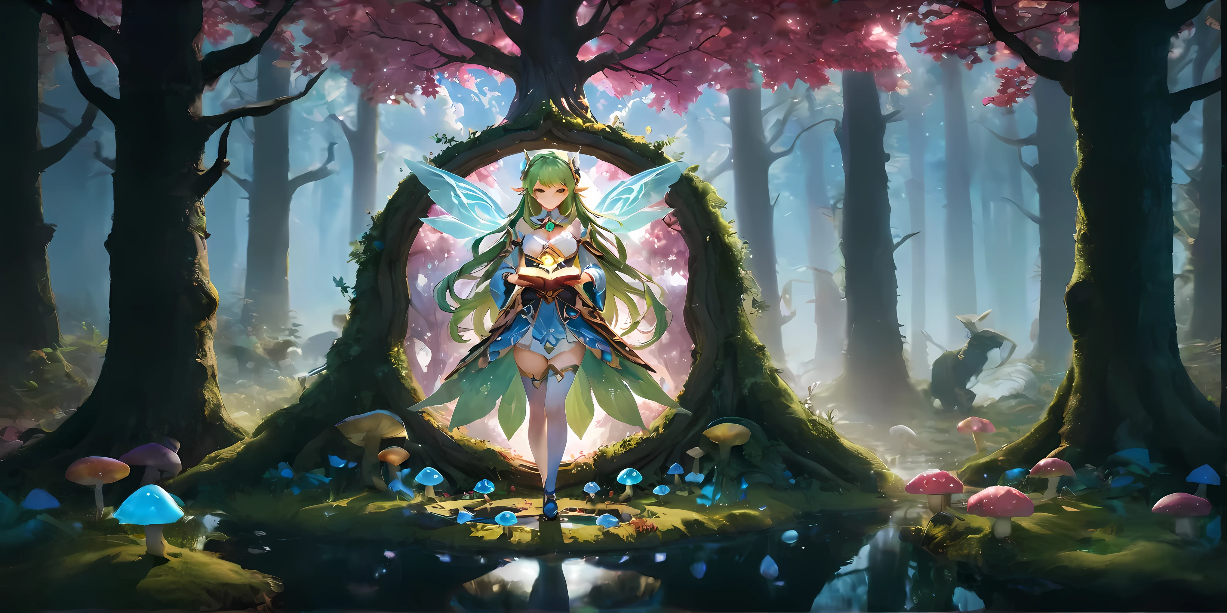 une fille d'anime dans une forêt avec des champignons et des arbres, Fey, reine de la forêt d&#39;été, Oeuvre fantastique d&#39;anime, Illustration fantastique d&#39;anime, fée des forêts, style artistique fantastique, 2. 5 d cgi Oeuvre fantastique d&#39;anime, fée des forêts, Déesse de la forêt, Astri Lohne, de la ligue des légendes, cushart krenz art clé féminin, déesse de la nature