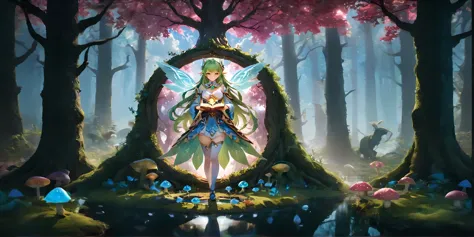 anime girl in a forest with mushrooms and trees, fey queen of the summer forest, anime fantasy artwork, anime fantasy illustrati...