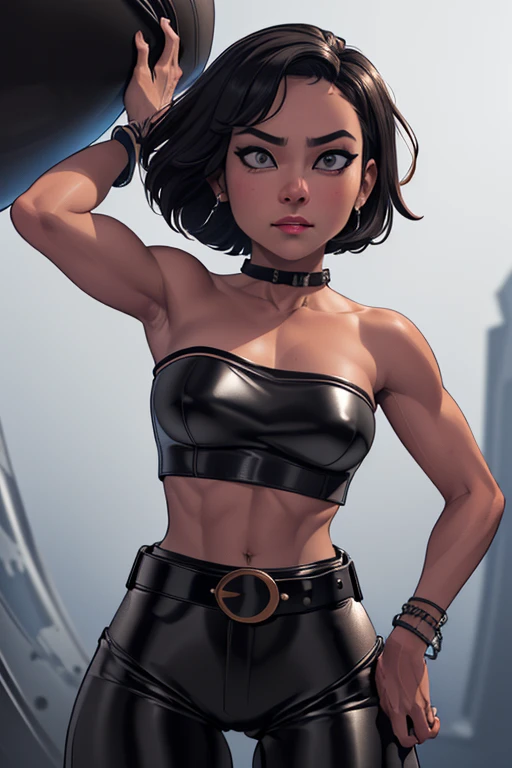 1girl, ((2, Filipino Woman, tanned bronze skin:1.02, short black hair:1.3, Detailed Amber eyes:1.03, Detailed face, medium breasts, (Wearing: Strapless Black tube top, black leather pants, white belt, bracelets:1.2)), (midriff), (agile physique:1.1), (Character Focus),Perfect Anatomy, Looking at Viewer,  4k textures, raw photo, epic artistic, photoreal art, sharp focus, even lighting, insane details, intricate details, hyperdetailed, rich colors