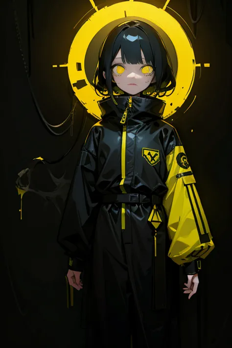 One girl in black and yellow techwear clothes, Circle neon on background,[full body, (masterpiece), (High resolution), (super de...