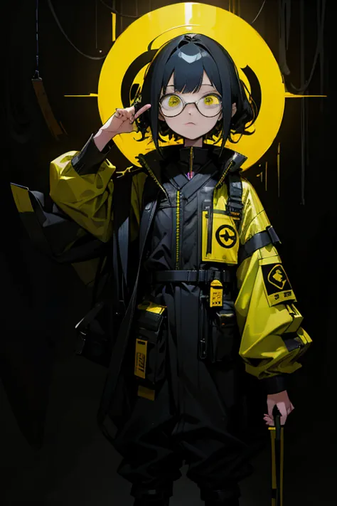 One girl in black and yellow techwear clothes, Machine God、heaven、Small glasses,[full body, (masterpiece), (High resolution), (s...
