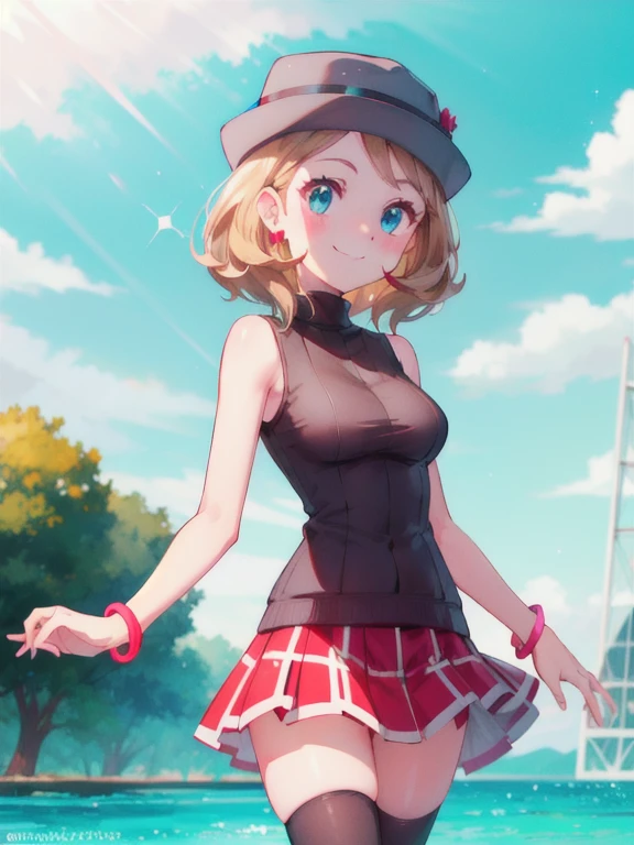 gonzarez, masterpiece, Serenaj, 1girl, grey headwear, solo, jewelry, thighhighs, sleeveless turtleneck, turtleneck, skirt, smile, sweater vest, blonde hair, earrings, hat, blue eyes, sleeveless, closed mouth, eyelashes, vest, blush, bangs, breasts, medium hair, bracelet, looking at viewer, outdoors, black thighhighs, brown thighhighs, sky, day, sparkle, shiny, cloud, pleated skirt, red skirt, brown vest, water, cowboy shot,  