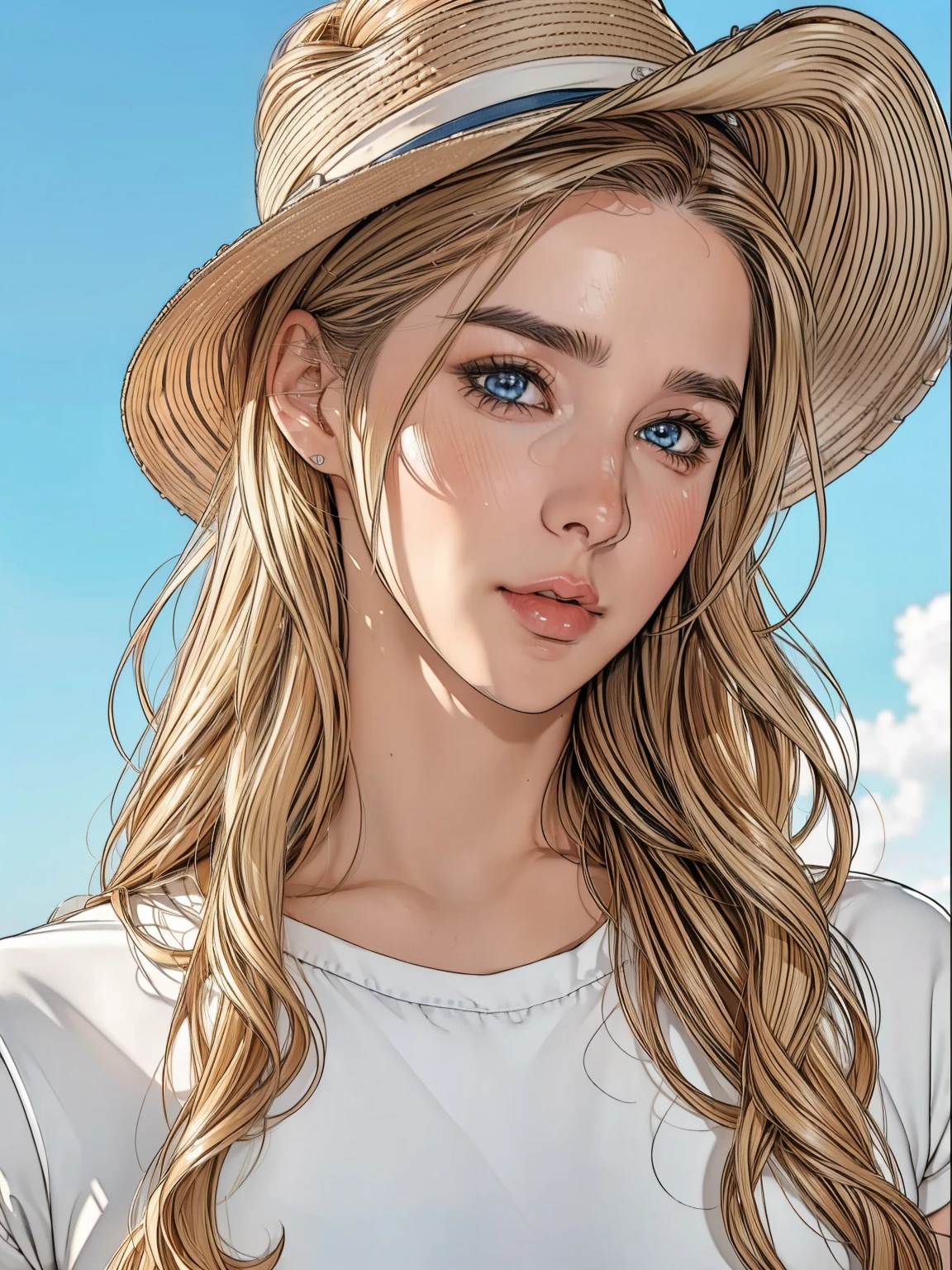 (best quality, high resolution, ultra-detailed, masterpiece:1.2), messy, 100,000 Man, wavy blond hair, adult, blue eyes, ponytail, focus on the handsome face, casual clothing, charming, attractive, intricate eyes and facial features, sun-kissed skin, wearing a deep 10-gallon hat and striking a stylish pose.