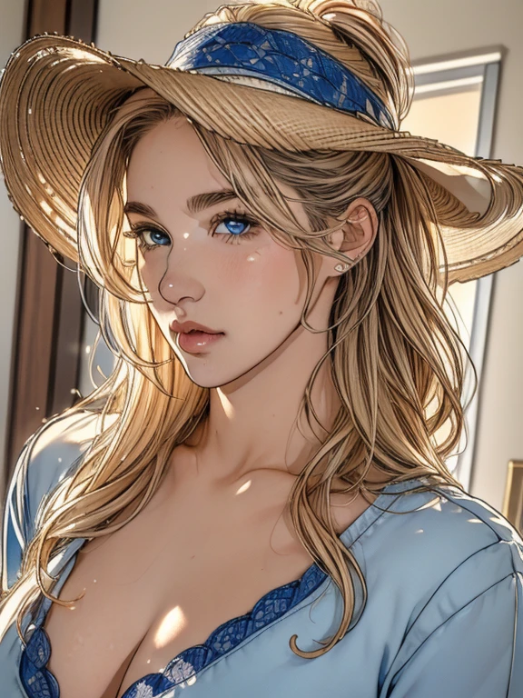 (best quality, high resolution, ultra-detailed, masterpiece:1.2), messy, wavy blond hair, adult, blue eyes, ponytail, focus on the handsome face, casual clothing, charming, attractive, intricate eyes and facial features, sun-kissed skin, wearing a deep 10-gallon hat and striking a stylish pose.