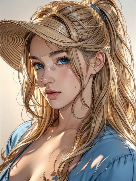(best quality, high resolution, ultra-detailed, masterpiece:1.2), messy, wavy blond hair, adult, blue eyes, ponytail, focus on t...
