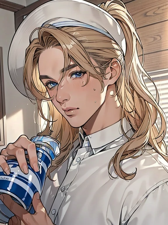 (best quality, high resolution, ultra-detailed, masterpiece:1.2), messy, 100,000 Man, wavy blond hair, adult, blue eyes, ponytail, focus on the handsome face, casual clothing, charming, attractive, intricate eyes and facial features, sun-kissed skin, wearing a deep 10-gallon hat and striking a stylish pose.