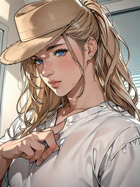 (best quality, high resolution, ultra-detailed, masterpiece:1.2), messy, 100,000 Man, wavy blond hair, adult, blue eyes, ponytail, focus on the handsome face, casual clothing, charming, attractive, intricate eyes and facial features, sun-kissed skin, wearing a deep 10-gallon hat and striking a stylish pose.