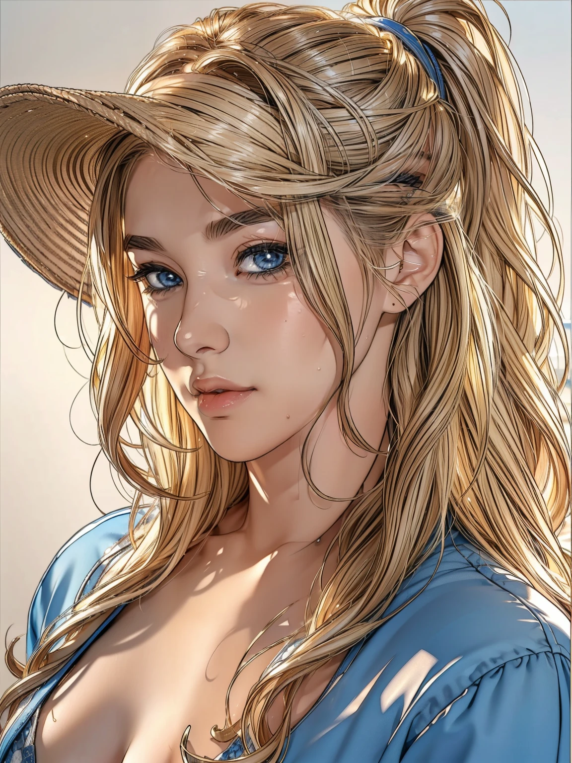 (best quality, high resolution, ultra-detailed, masterpiece:1.2), messy, wavy blond hair, adult, blue eyes, ponytail, focus on the handsome face, casual clothing, charming, attractive, intricate eyes and facial features, sun-kissed skin, wearing a deep 10-gallon hat and striking a stylish pose.