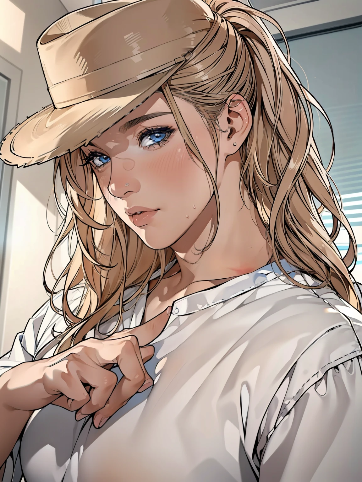 (best quality, high resolution, ultra-detailed, masterpiece:1.2), messy, 100,000 Man, wavy blond hair, adult, blue eyes, ponytail, focus on the handsome face, casual clothing, charming, attractive, intricate eyes and facial features, sun-kissed skin, wearing a deep 10-gallon hat and striking a stylish pose.