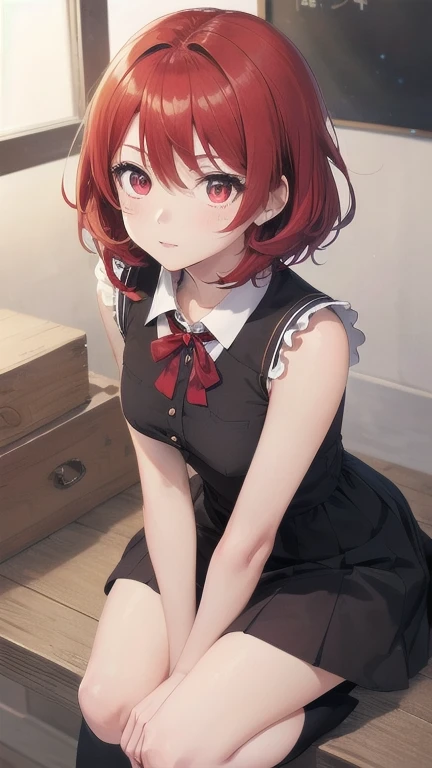 1girl, (masterpiece), best quality, expressive eyes, perfect face, anime girl with red hair, (anime girl wearing a black dress), school girl in gothic dress, ((stellar style eyes)), cute anime girl, fullbody, anime visual of a cute girl, 16 years old, red eyes, red hair, small breast, short-hair, detail eyes, shining eyes