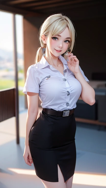 Standing and smiling , stand , (8k, best quality, masterpiece, ultra highres:1.2) Photo of Pretty thai woman beautiful, beautiful enchanting fashion contemporary painting with , (1girl), (white shirt short sleeves), ((black pencil skirt)), belt , , blonde hair, , realistic skin texture , round chin, 85 mm art lens, f 1. 2, sharp focus, 8 k high definition, insanely detailed, intricate, elegant, large breasts, big breasts , black skirt , twin tails hair