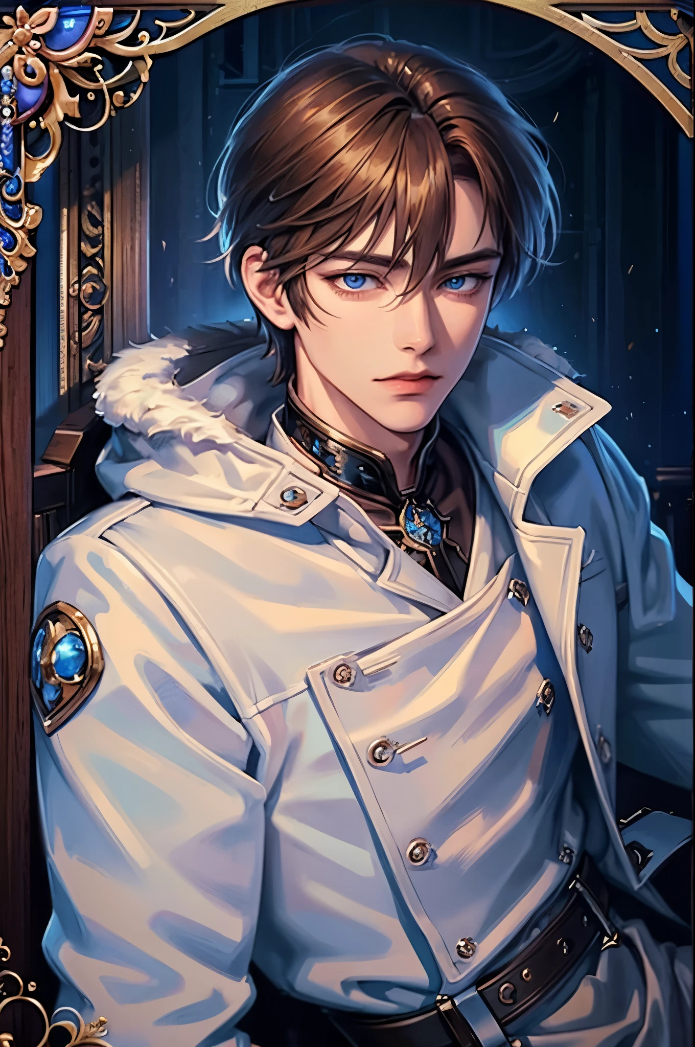 masterpiece, best quality, 1man, adult, male focus, solo, medium brown hair, vibrant blue eyes, looking at viewer, closed mouth, fur, Fantasy aesthetics, Highly detailed, shadowverse style, white leather coat