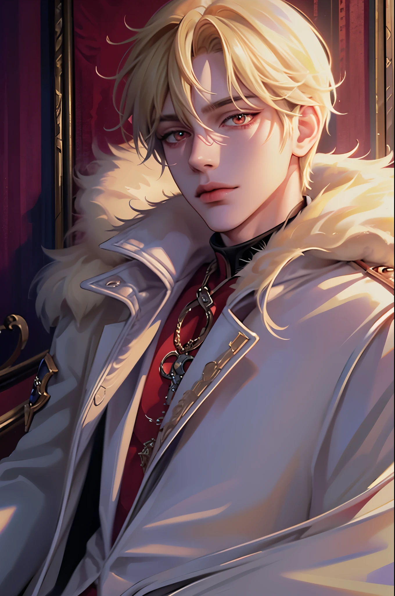 masterpiece, best quality, 1man, adult, male focus, solo, blonde hair, vibrant red eyes, looking at viewer, closed mouth, fur, Fantasy aesthetics, Highly detailed, shadowverse style, white leather coat